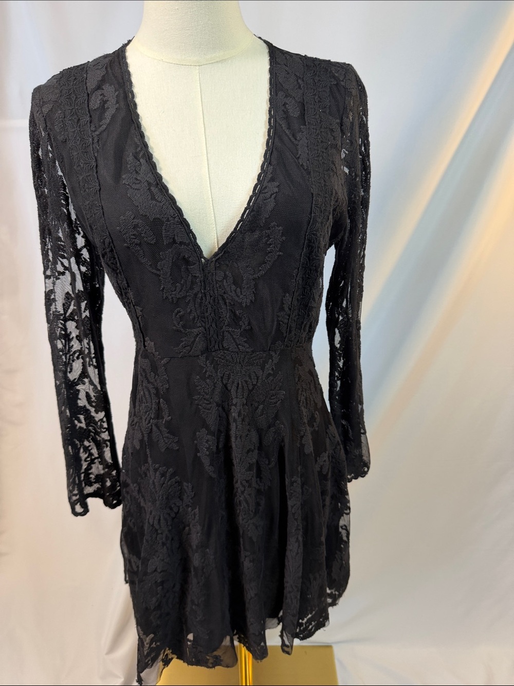 Free People Black Lace Long Sleeve V-Neck Dress with sheer mesh back
